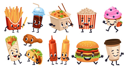 Cartoon fast food characters. Funny junk meal, cute French fries, muffin, hamburger with smiling faces, kebab hands and feet, cafe menu decorative, isolated emoji stickers, tidy vector set