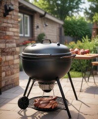 Charcoal kettle grill on backyard patio with prepared meat ready for grilling, , grilled meats