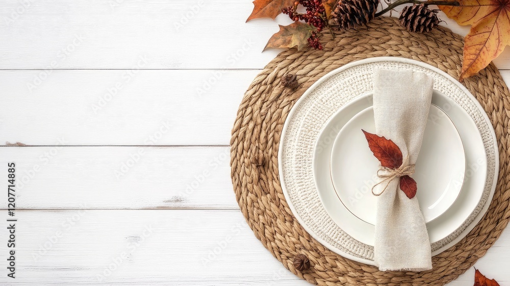 Aufkleber elegant rustic table setting with natural placemats autumn decor and copyspace for text on white woo