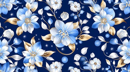 Elegant Blue   Gold Floral Pattern  Seamless Design  Luxury Texture