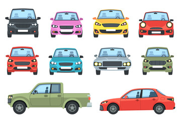 Car set. Front and side view transport, automobile different colors sedan and wagon, city pickup and hatchback. Urban autos collection. Vector cartoon flat isolated simple illustration