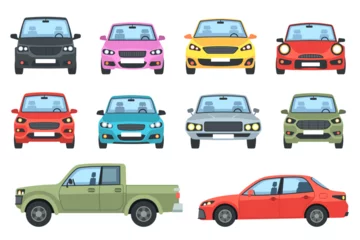  Car set. Front and side view transport, automobile different colors sedan and wagon, city pickup and hatchback. Urban autos collection. Vector cartoon flat isolated simple illustration © YummyBuum