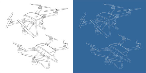 vector drone or quadcopter isometric view  line blueprint wireframe technical drawing isolated on transparent background