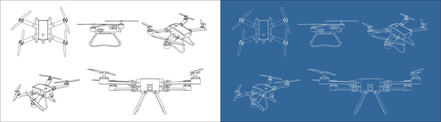 drone line vector set from all side view. technical drawing blueprint wireframe outline isolated on transparent background