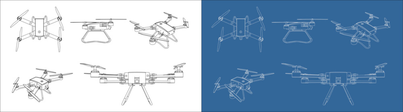 drone line vector set from all side view. technical drawing blueprint wireframe outline isolated on transparent background
