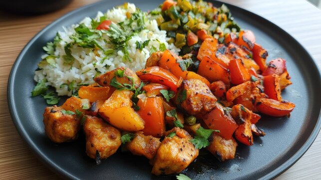 Indian smoky sizzler with vibrant vegetables and fragrant rice served on a black plate, showcasing delicious culinary presentation.