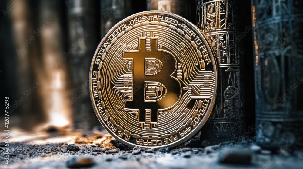 Poster shiny bitcoin coin surrounded by ancient books and dark background