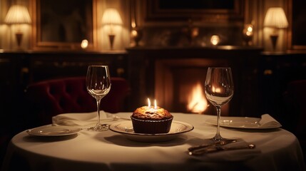 Romantic Candlelit Dinner Setting with a Chocolate Cake Featuring Two Glasses and Softly Glowing Fireplace in the Background for Special Celebrations