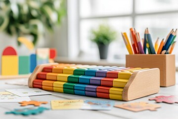 A xylophone surrounded by educational flashcards and puzzles, highlighting its role in early learning activities
