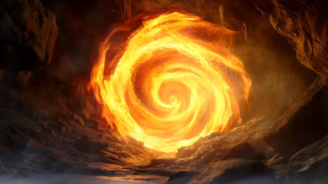 Fiery Swirling Vortex within a Dark, Rocky Cave