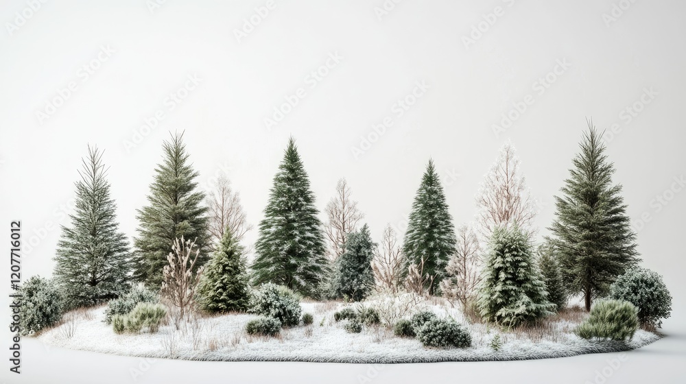 Poster winter landscape featuring various trees and shrubs covered in snow creating a serene nature scene w