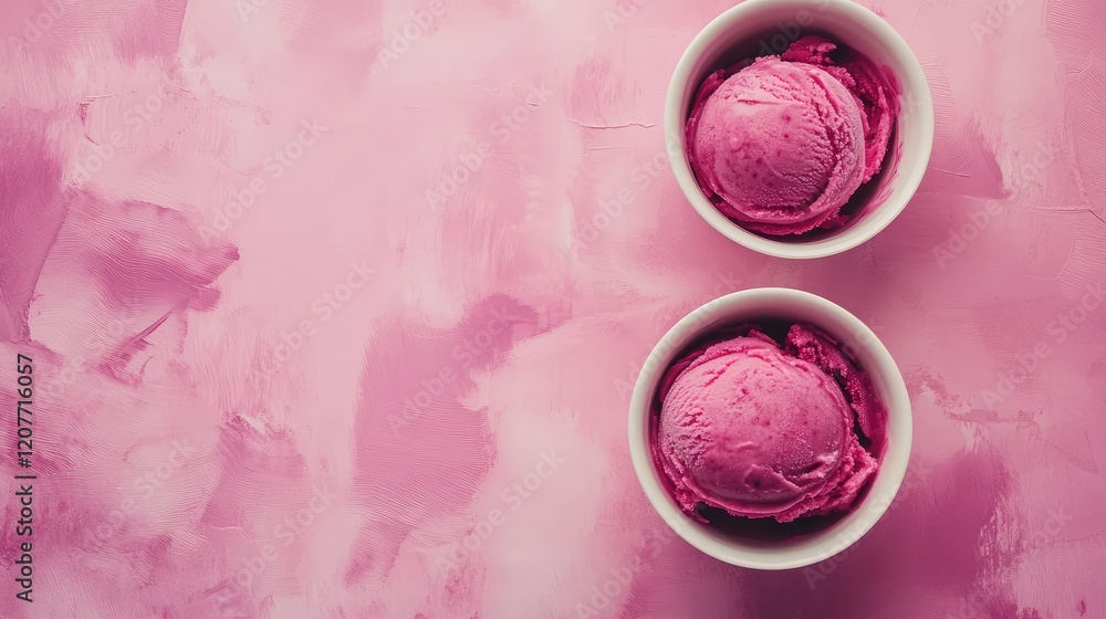 Poster homemade raspberry ice cream scoops in white bowls on a pink textured background with ample copy spa
