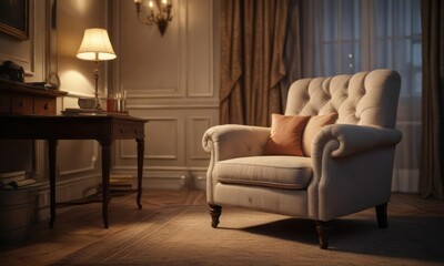 Classic armchair in a cozy atmosphere with soft lighting, soft lighting, comfortable seating, cozy atmosphere