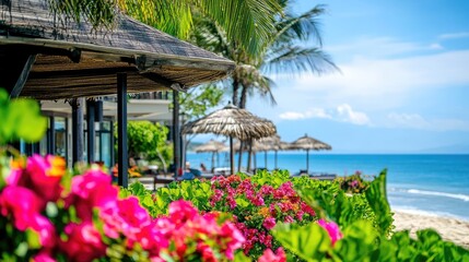 Fototapeta premium Serene luxury beach resort featuring vibrant flowers and tropical palm trees overlooking calm blue waters and thatched umbrellas