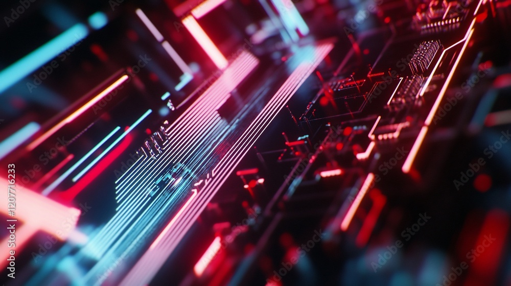 Poster abstract technology circuit board with red and blue neon lights creating futuristic design