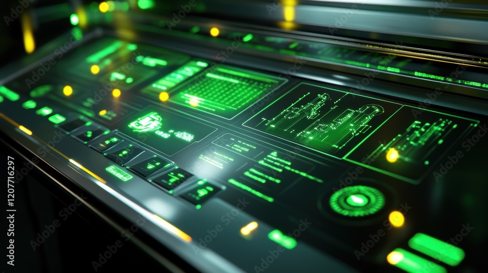 Poster futuristic control panel displaying various charts, graphs, and data visualizations in glowing green