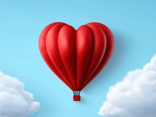 Fototapeta premium A vibrant heart-shaped hot air balloon soaring in a blue sky with fluffy clouds.