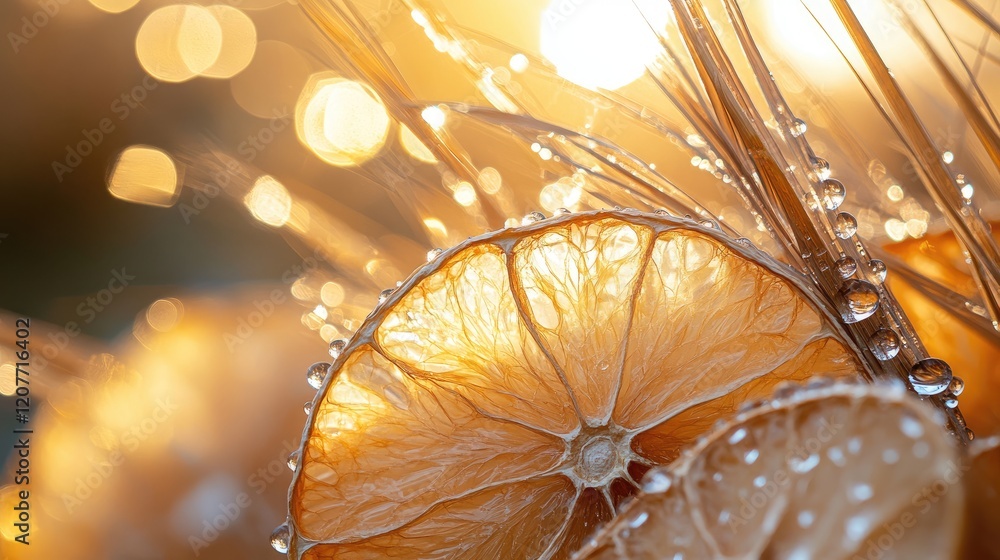 Poster macro close up of dried lime slices adorned with water droplets surrounded by soft feather grass and