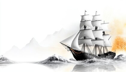 Fototapeta premium Abstract Black and White concept. An elegant sailing ship cruising through tranquil waters and majestic mountains.