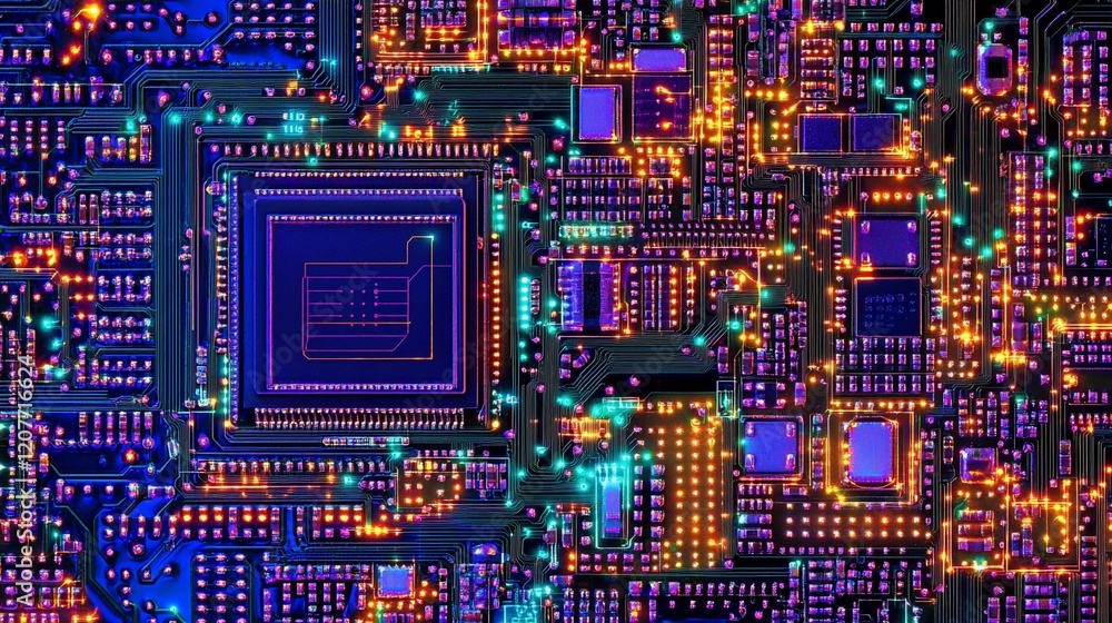 Poster detailed view of a colorful circuit board with glowing components and intricate paths