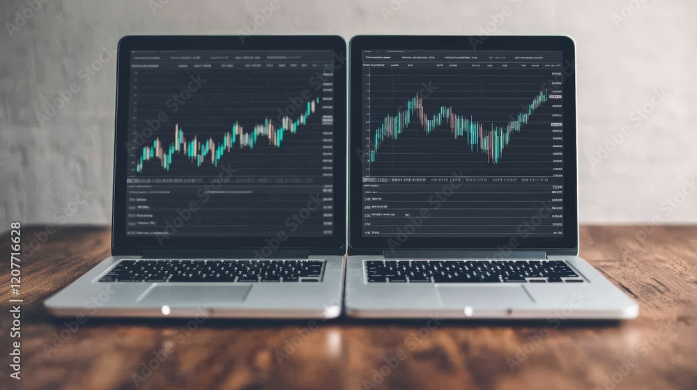 Poster dual screen data analysis: two open laptops with identical, upward-trending charts on their screens,