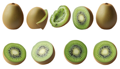 Fototapeta premium kiwi fruit mockup template with whole, halved, and sliced kiwis, multiple angles, transparent background
