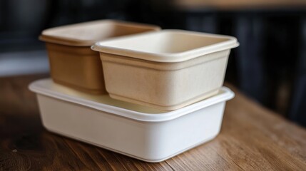 Eco-friendly Tupperware containers stacked on wooden table with beige and white colors, ideal for nutritious meal prep and to-go lunch solutions.