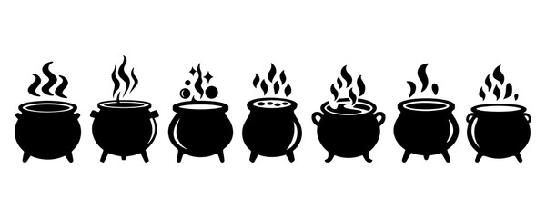 Magic cauldron silhouette set isolated on a white background.