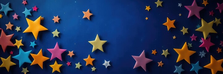 A cluster of colorful stars against a dark blue background with subtle sparkle and shine, starry night, sparks, night sky