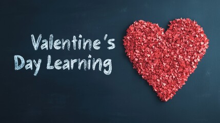 A festive heart made of red materials on a chalkboard, accompanied by the words "Valentine's Day Learning," perfect for educational activities.