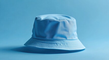 Fototapeta premium Light blue bucket hat isolated on solid blue background creating a minimalist and stylish summer accessory concept