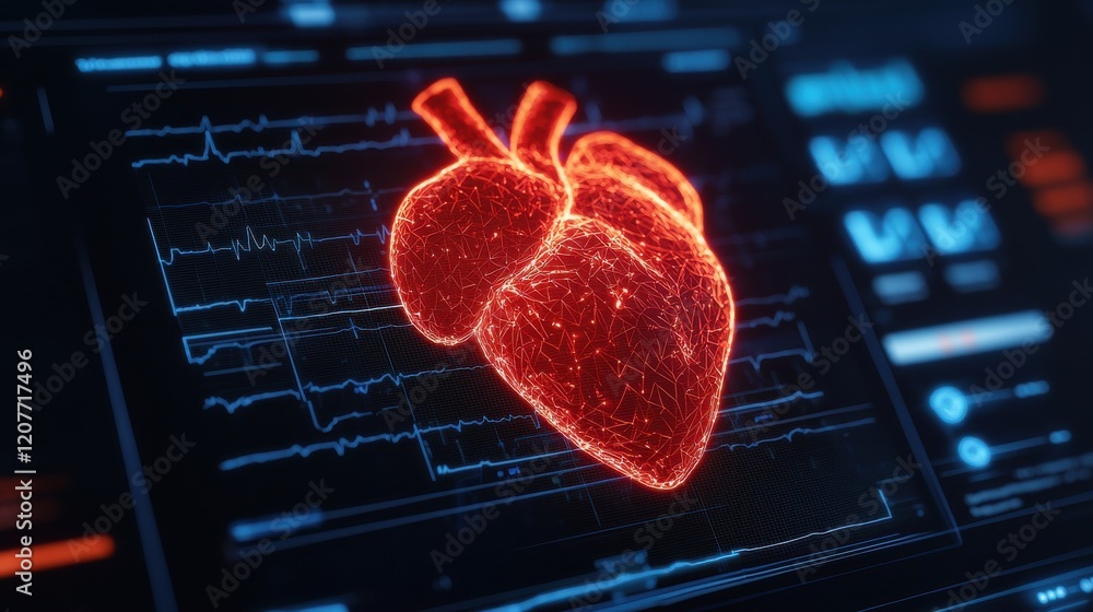 Poster a glowing, digital heart visualization against a backdrop of medical data and graphs, emphasizing te