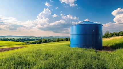 Vast green farmland with a large blue water tank surrounded by rolling hills under a clear blue sky with scattered clouds, ideal for agricultural purposes.
