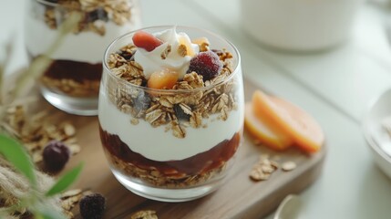 Nutritious homemade granola layered with creamy yogurt and mixed fruits in a glass cup on a rustic wooden table with natural light.