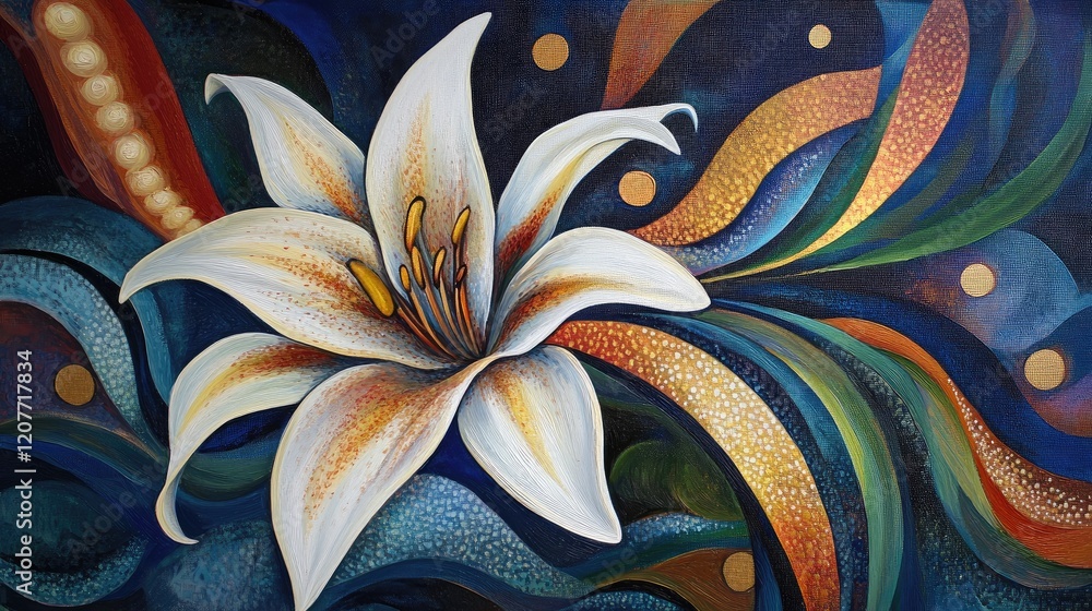 Poster vibrant abstract artwork featuring a stunning white lily amid colorful flowing patterns and textures