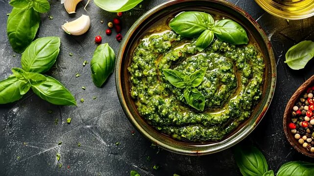 Fresh homemade basil pesto sauce with garlic and spices, ideal for Italian cuisine and seasonal recipes