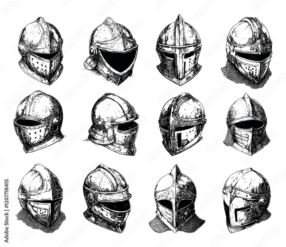 Poster knights helmet with visor down set ink style vector illustrations unique artwork decorative elements