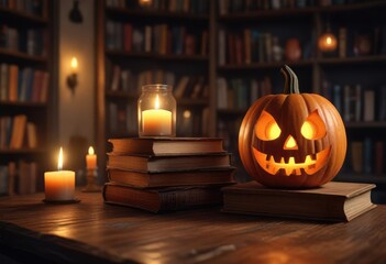 Fototapeta premium A colorful illustration of a jack-o-lantern sitting on a table surrounded by old books and candles in a dimly lit room, spooky atmosphere, seasonal decor., eerie ambiance