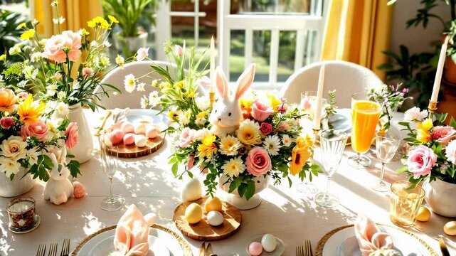 Easter Table Setting Decorated with Flowers, Eggs, and Bunnies