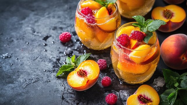 Colorful Fruit-Infused Sangria with Peaches and Raspberries in Clear Glasses on Dark Surface with Fresh Peach Halves and Mint Leaves