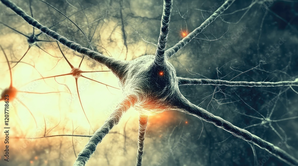 Poster abstract close-up of a neural network with glowing neurons in shades of gray and orange, featuring i