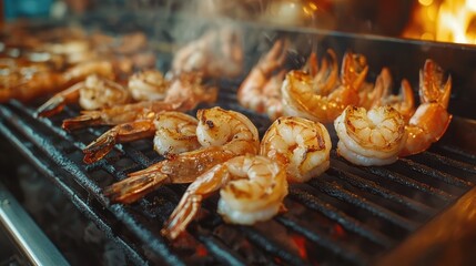 Grilled Shrimp on Charcoal BBQ Grill with Smoke at Seafood Restaurant in Warm Tones and Close-Up Perspective