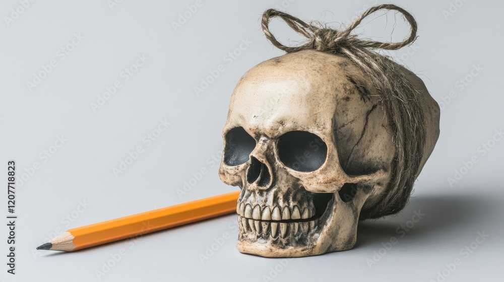 Poster conceptual image of a weathered skull tied with twine next to a vibrant orange pencil on a soft gray