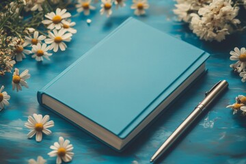 Fototapeta premium Memo book hardcover pen, flower, journey blue background.