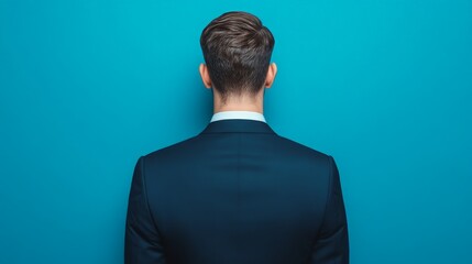 The Unknown Ahead: A businessman in a dark suit stands with his back to the viewer, his head turned slightly to the side as he gazes out into the distance, silhouetted against a bright blue backdrop.