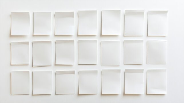 Collection of empty white rectangular paper notes arranged in a grid pattern on a light gray surface for mockup or presentation use