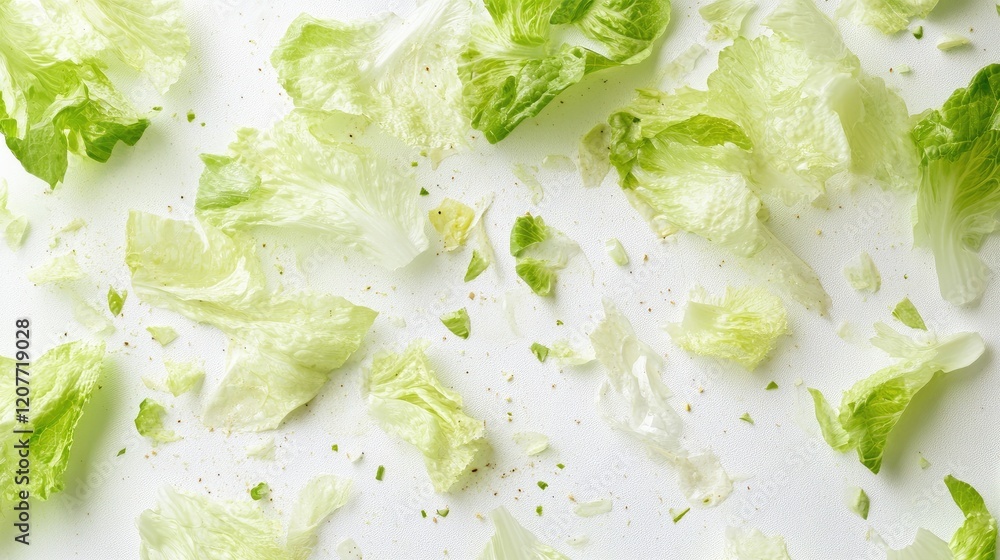 Poster fragmented fresh lettuce leaves on a white background creating a crisp and vibrant salad texture sui