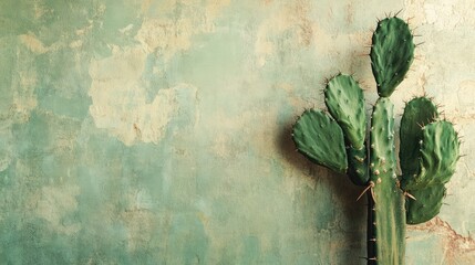 Cactus with multiple arms positioned in front of a weathered green wall with subtle textures and scratches, emphasizing natural colors.