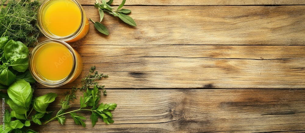 Poster fresh orange juice in a clear cup surrounded by green herbs on a rustic wooden table with ample empt