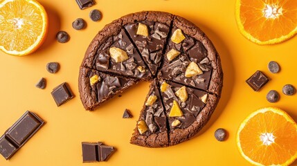 Homemade chocolate cookie cake slices garnished with dark chocolate pieces and orange segments on vibrant orange background, top view composition